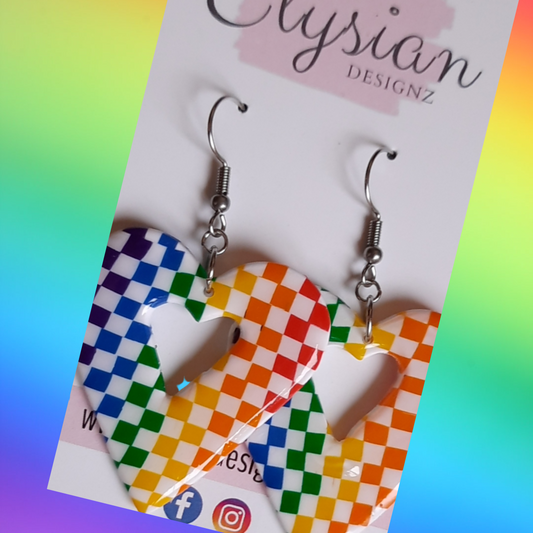 Rainbow Chequered Heart Danglies